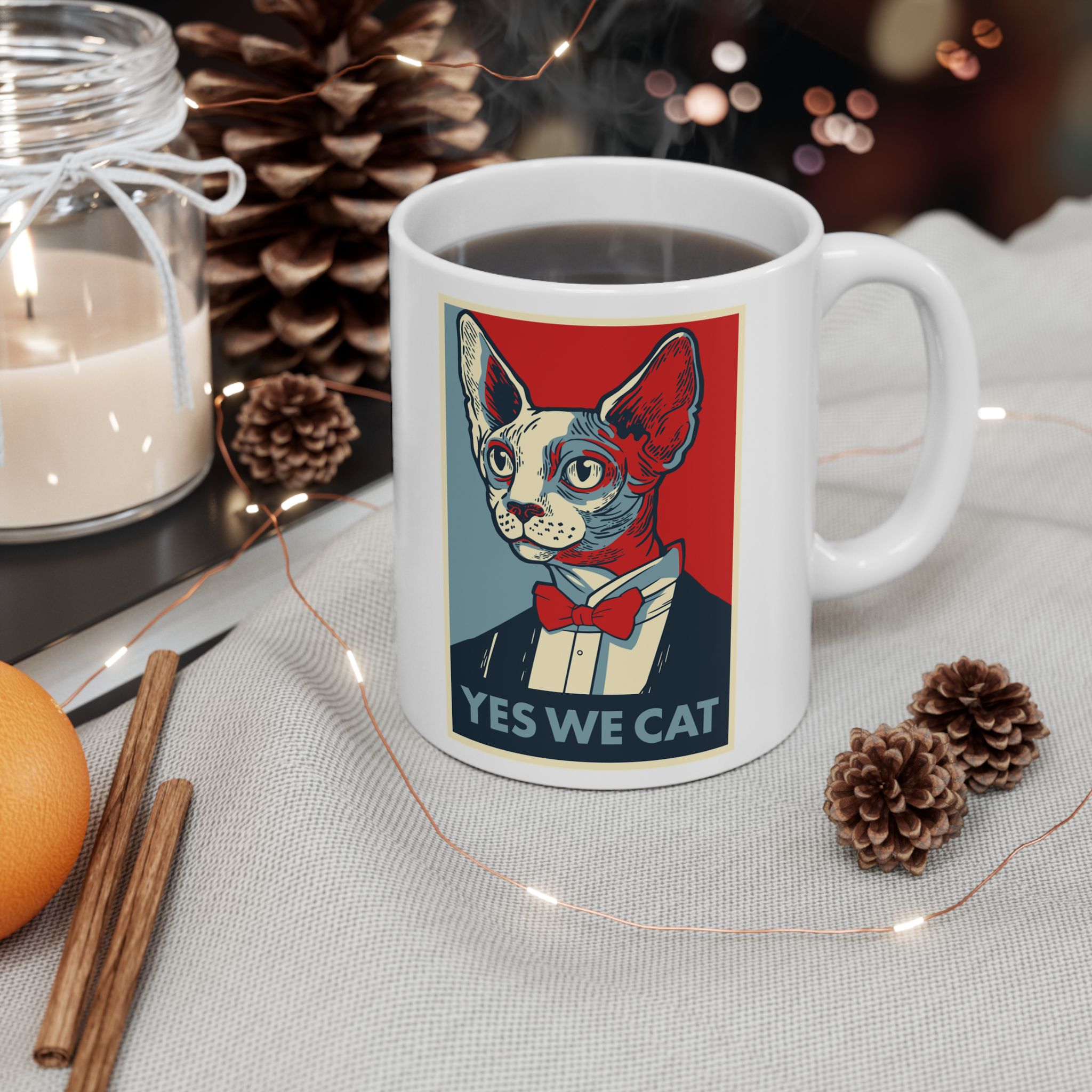 White ceramic mug showing a hairless cat in a suit and red bow tie