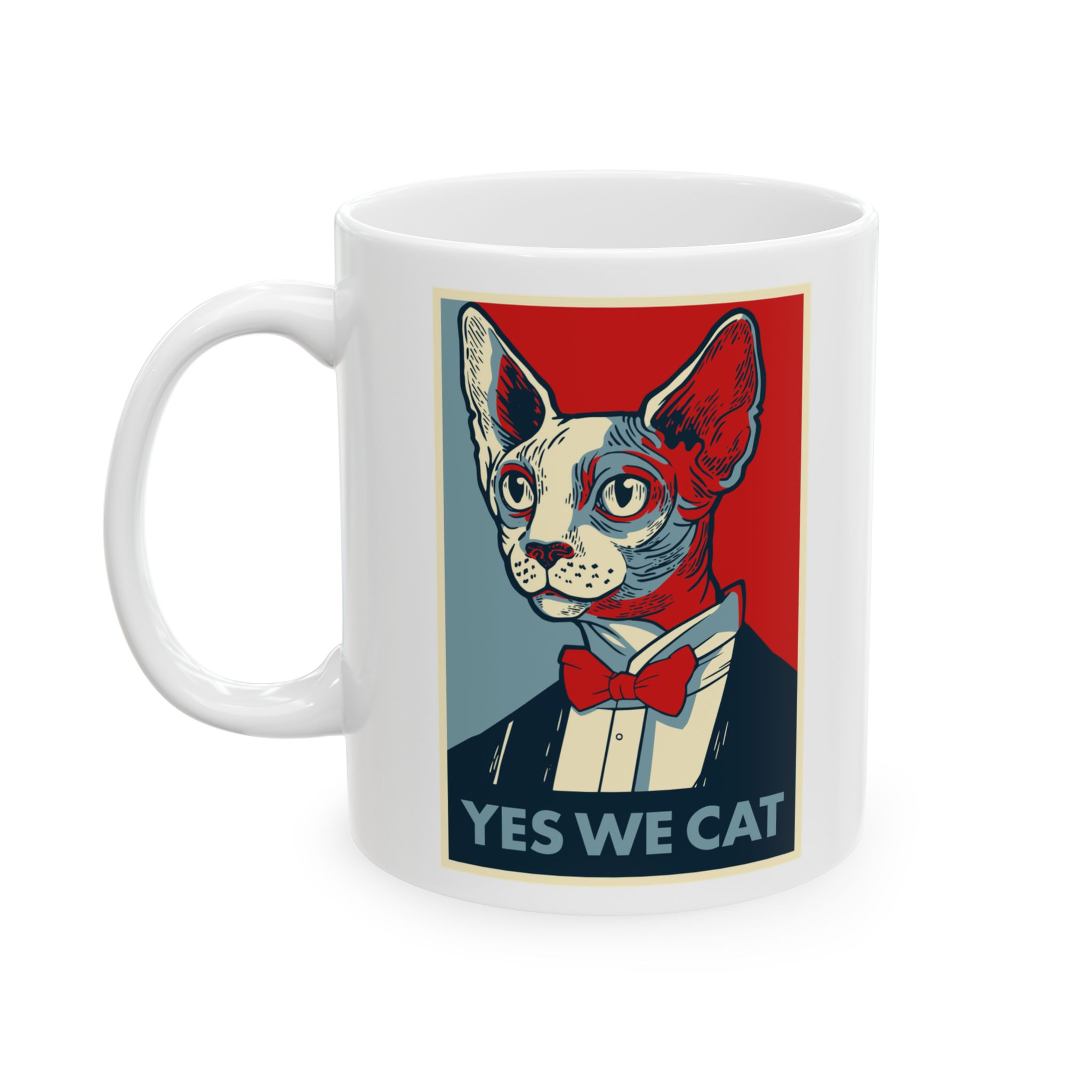 White ceramic mug showing a hairless cat in a suit and red bow tie