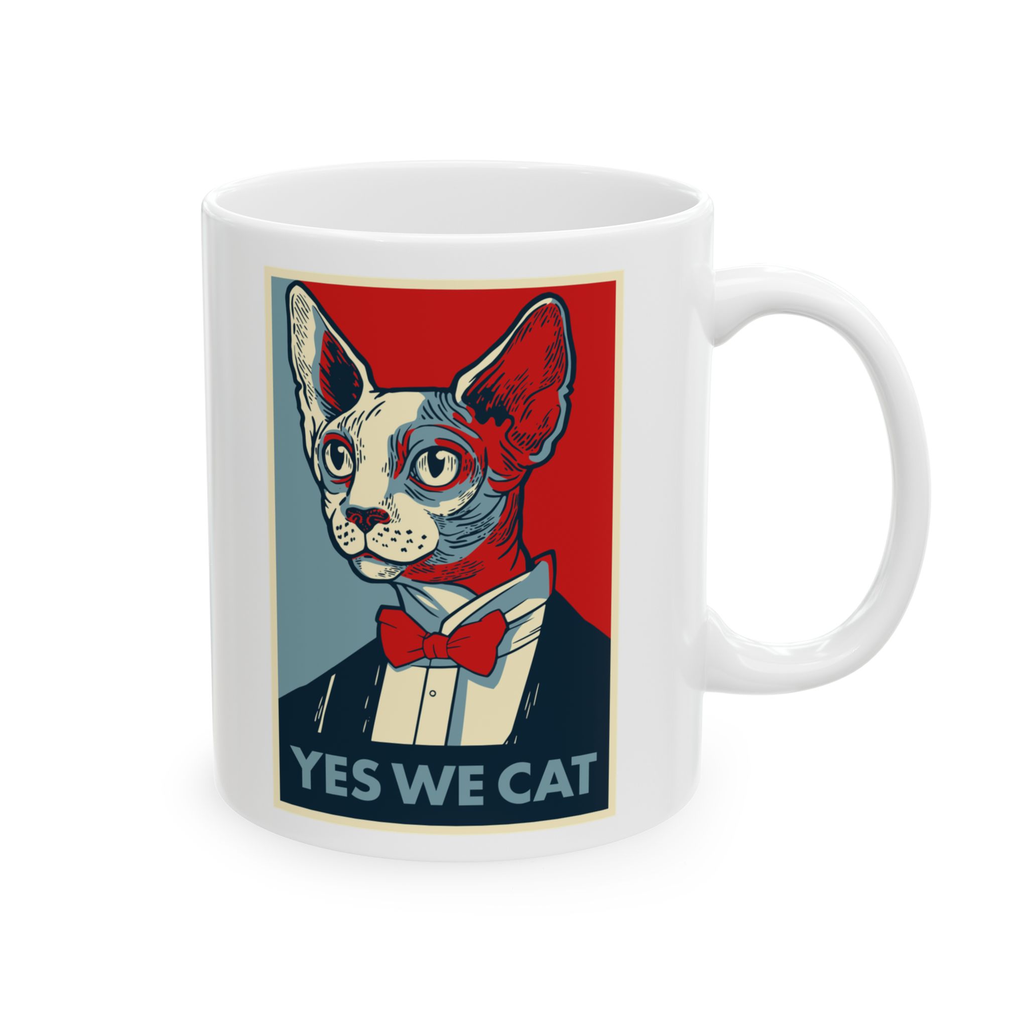 Opposite side of the white ceramic mug with the matching yes we cat design