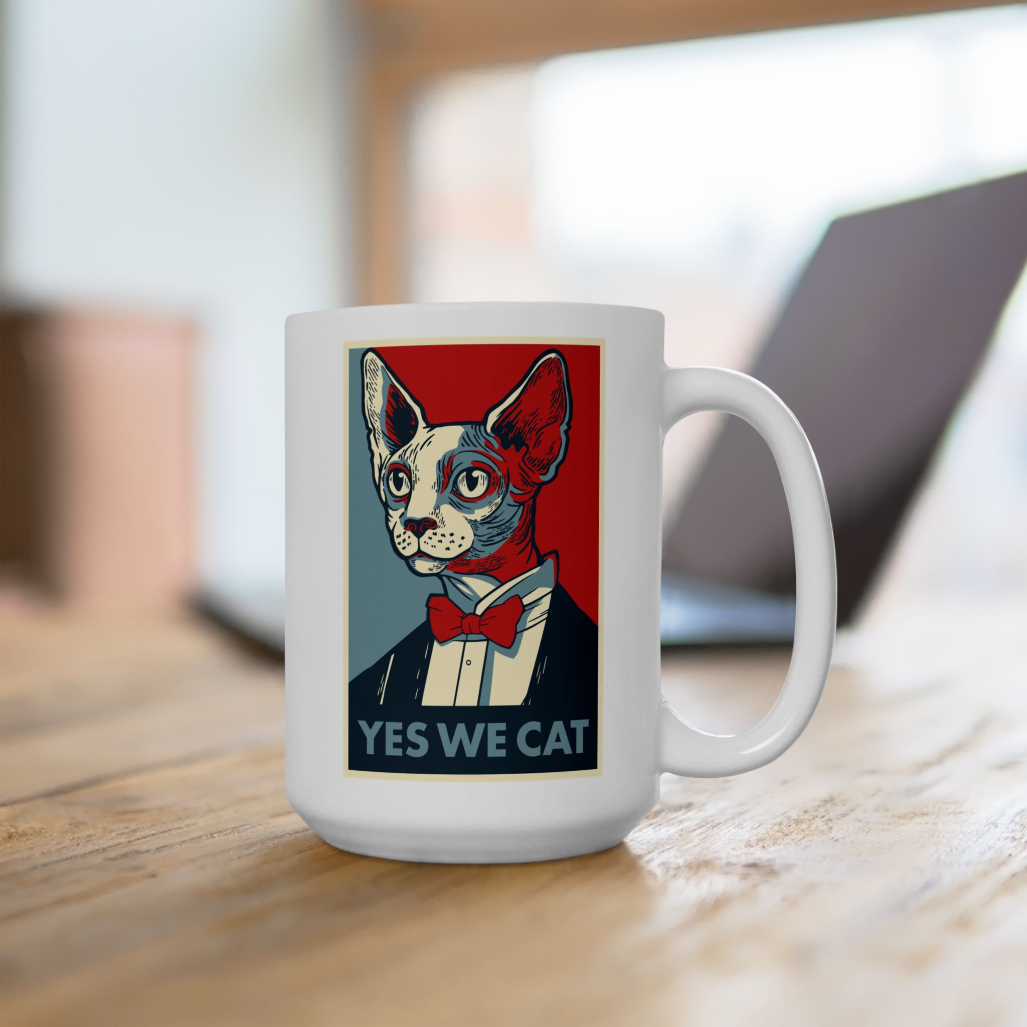 White ceramic mug showing a hairless cat in a suit and red bow tie