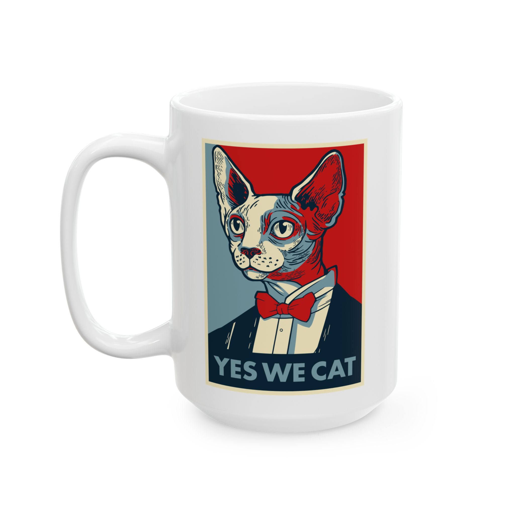 White ceramic mug showing a hairless cat in a suit and red bow tie