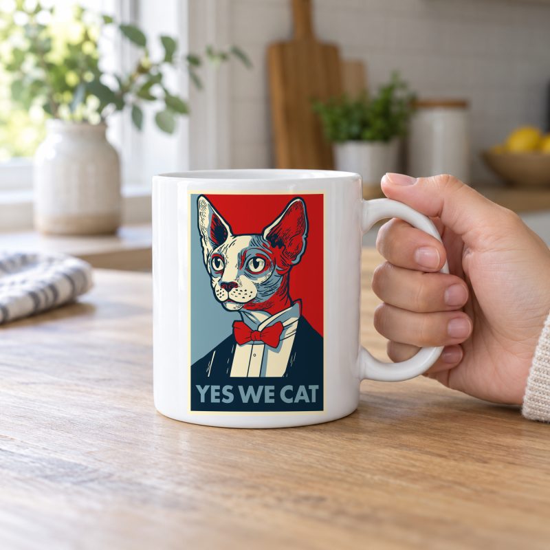 Person holding a white ceramic mug with a hairless cat in a suit and red bow tie