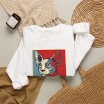 Hairless cat with large ears and a red bow tie in a red, cream and blue portrait in the front print Hairless cat with large ears and a red bow tie in a red, cream and blue portrait in the front print