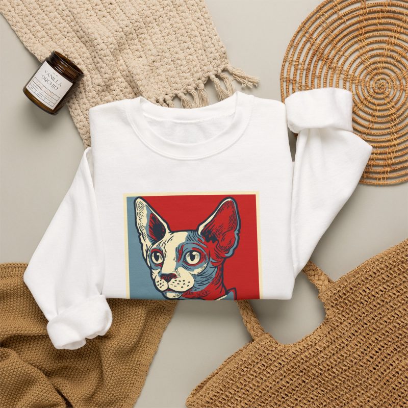 Hairless cat with large ears and a red bow tie in a red, cream and blue portrait in the front print