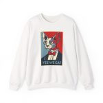 Front of the crewneck sweatshirt showing a hairless cat in a suit and red bow tie Front of the crewneck sweatshirt showing a hairless cat in a suit and red bow tie
