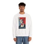 Person wearing a crewneck sweatshirt with a hairless cat in a suit and red bow tie printed on the front Person wearing a crewneck sweatshirt with a hairless cat in a suit and red bow tie printed on the front