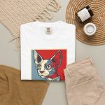Hairless cat with large ears and a red bow tie in a red, cream and blue portrait in the front print