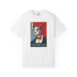 Front of the tee showing a hairless cat in a suit and red bow tie