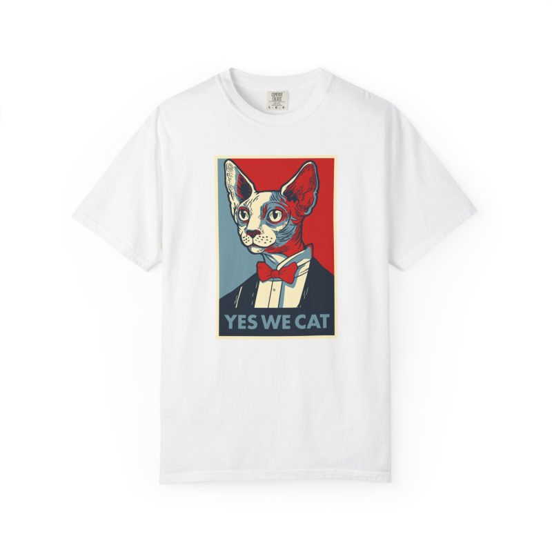 Front of the tee showing a hairless cat in a suit and red bow tie
