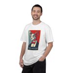 Person wearing a tee with a hairless cat in a suit and red bow tie printed on the front