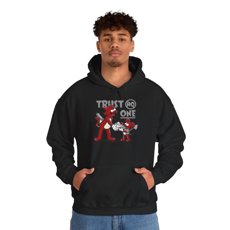 Person wearing a hoodie with a red cartoon cat and mouse trading a sneaker printed on the front