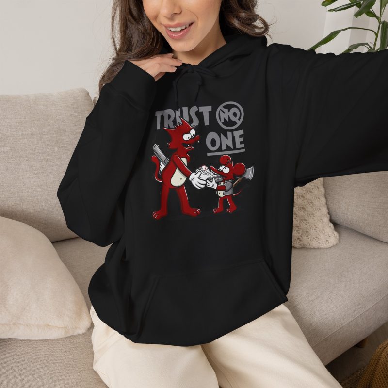 Person wearing a hoodie with a red cartoon cat and mouse trading a sneaker printed on the front