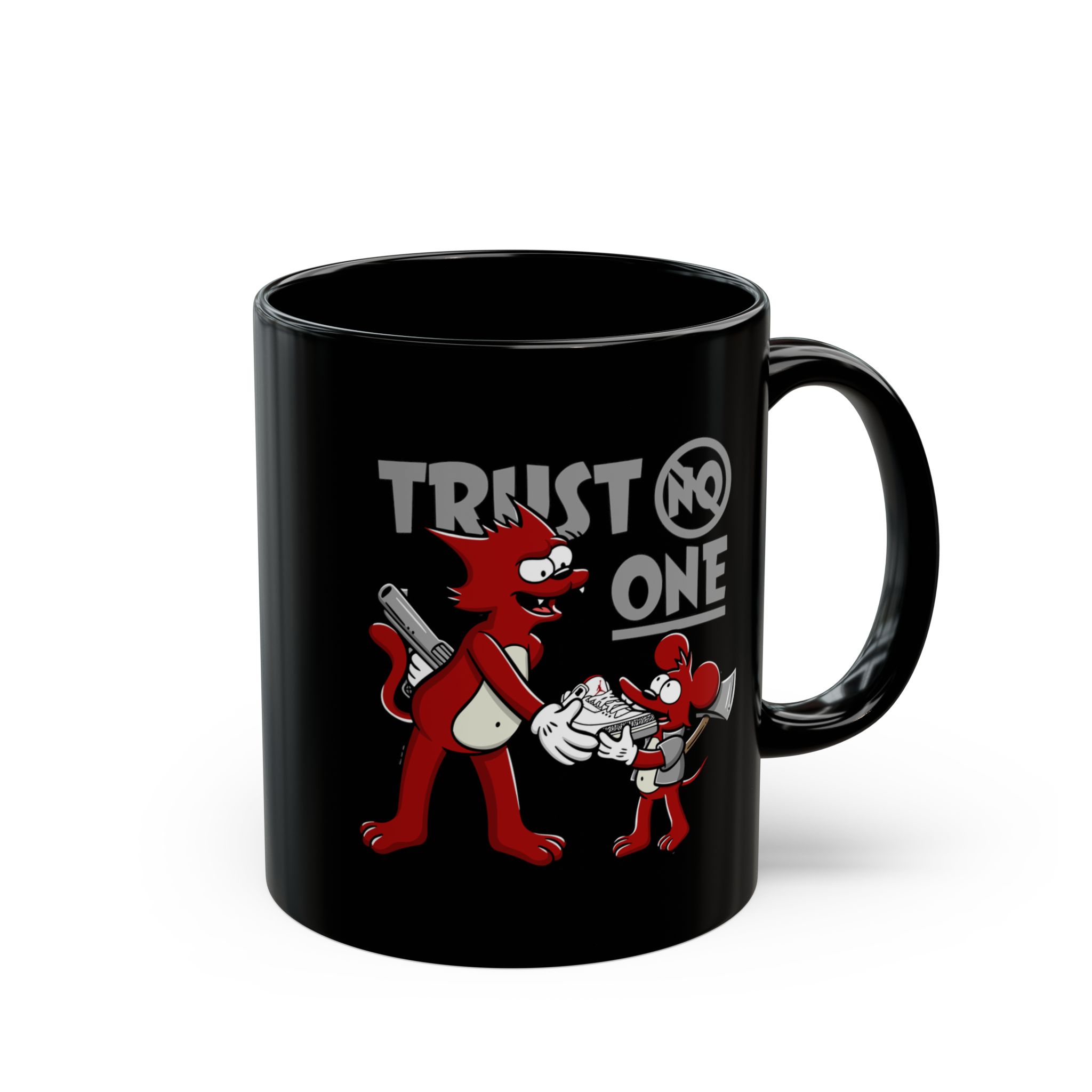 Glossy black ceramic mug showing a red cartoon cat and mouse trading a sneaker