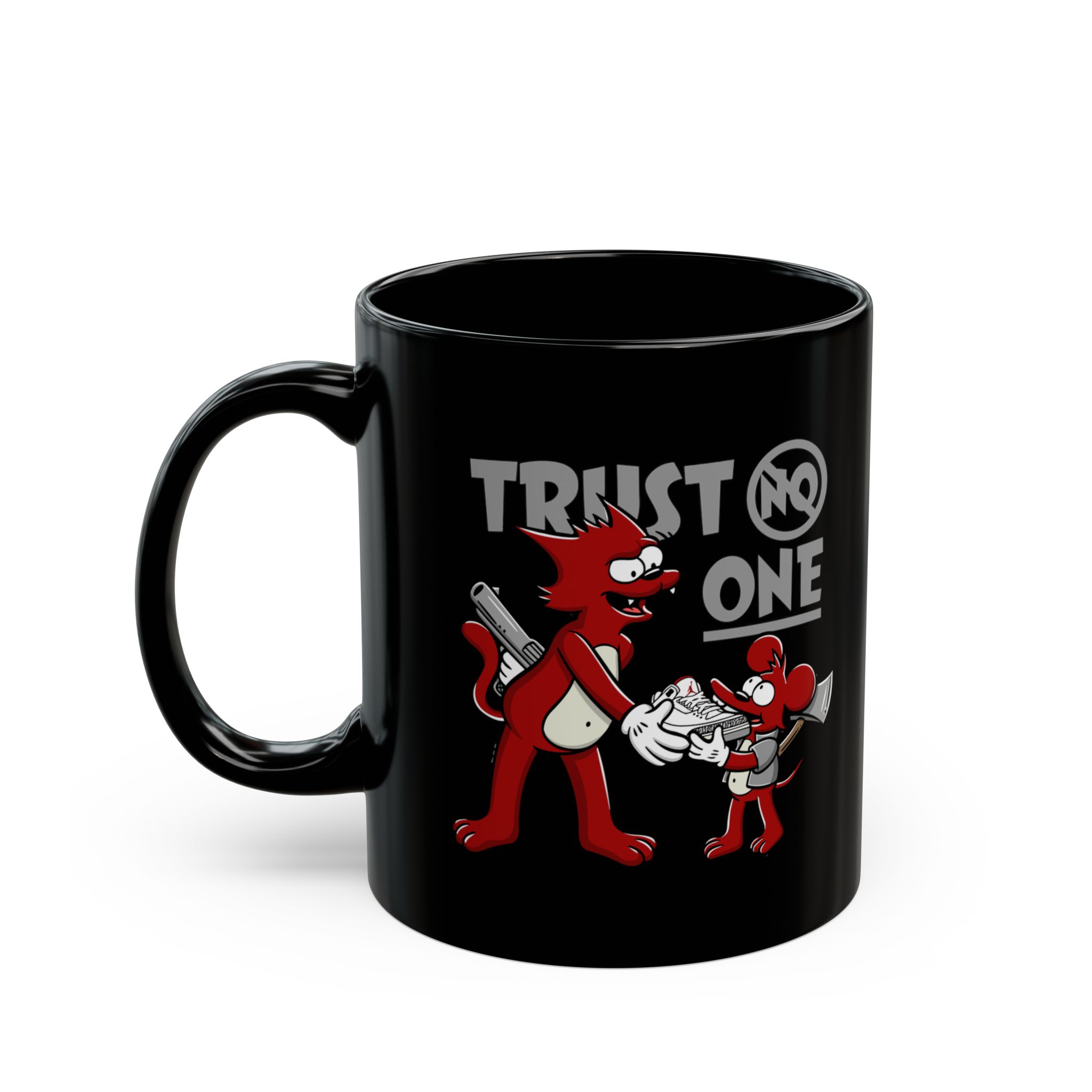 Glossy black ceramic mug showing a red cartoon cat and mouse trading a sneaker