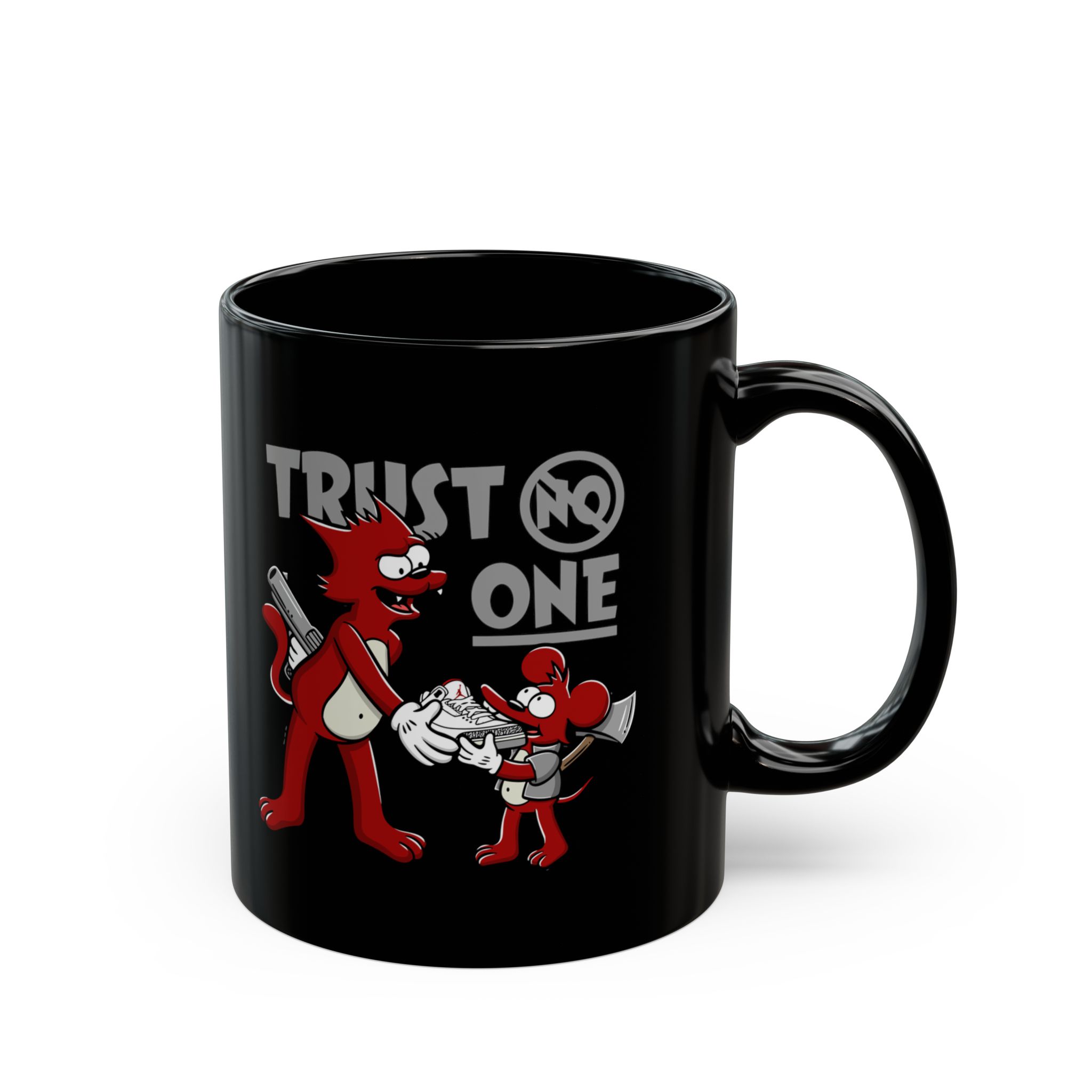Opposite side of the glossy black ceramic mug with the matching trust no one design