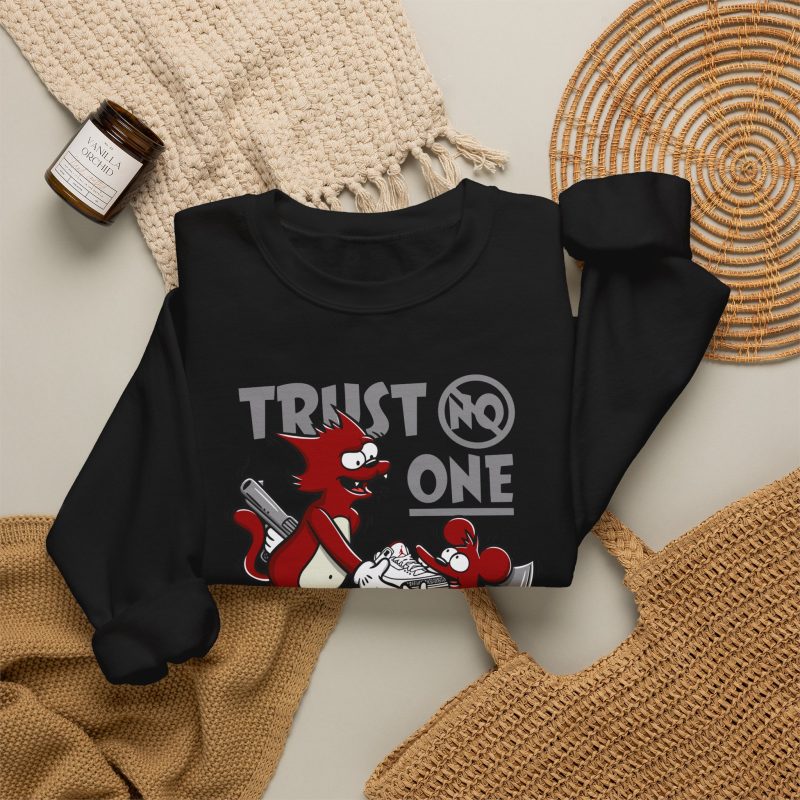 Red cat and mouse exchanging a white sneaker with a hidden handgun and axe in the front print