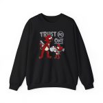 Front of the crewneck sweatshirt showing a red cartoon cat and mouse trading a sneaker Front of the crewneck sweatshirt showing a red cartoon cat and mouse trading a sneaker