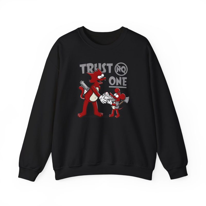 Front of the crewneck sweatshirt showing a red cartoon cat and mouse trading a sneaker