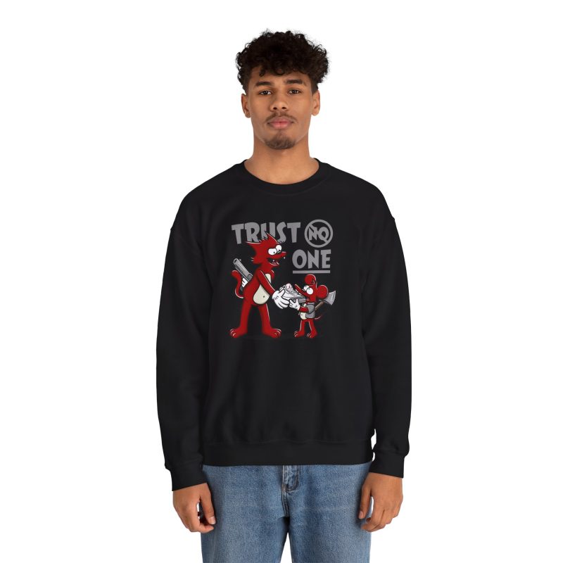 Person wearing a crewneck sweatshirt with a red cartoon cat and mouse trading a sneaker printed on the front