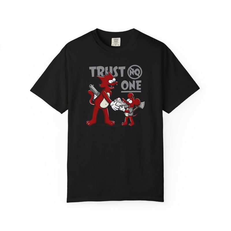 Front of the tee showing a red cartoon cat and mouse trading a sneaker