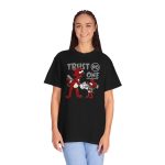 Person wearing a tee with a red cartoon cat and mouse trading a sneaker printed on the front Person wearing a tee with a red cartoon cat and mouse trading a sneaker printed on the front