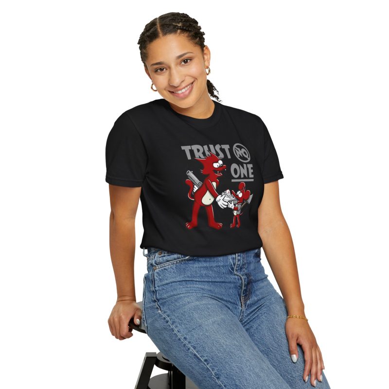 Person wearing a tee with a red cartoon cat and mouse trading a sneaker printed on the front