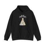 Front of the hoodie showing white, gray, cream and ginger kittens stacked into a Christmas tree, surrounded by paw prints beneath white lettering