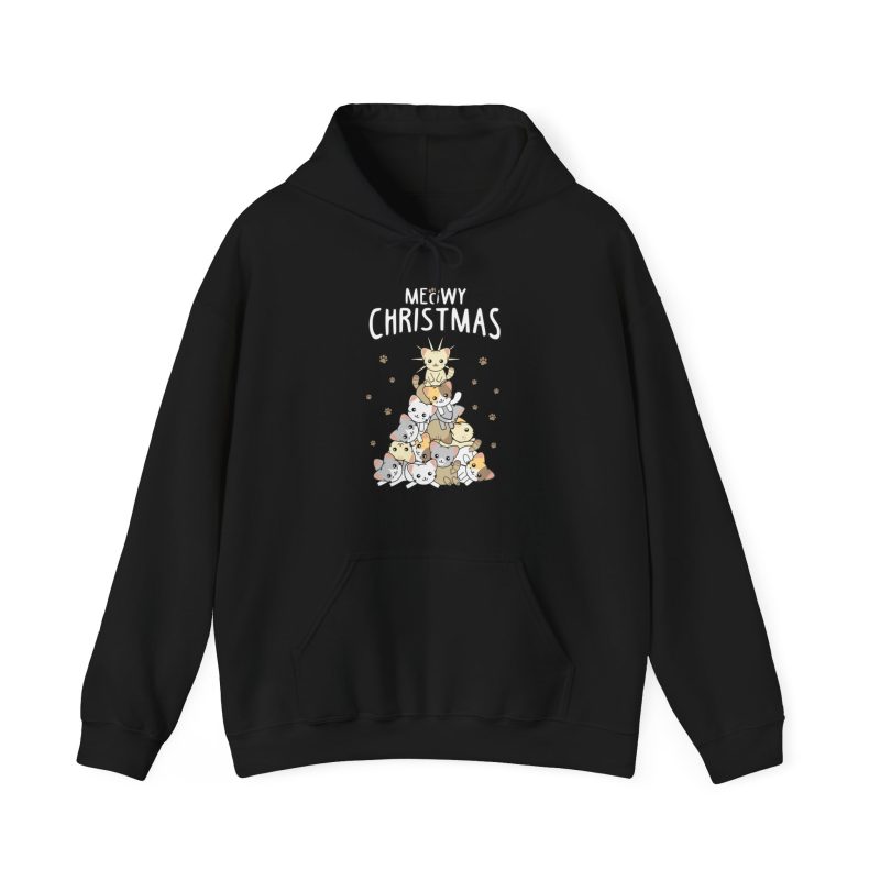 Front of the hoodie showing white, gray, cream and ginger kittens stacked into a Christmas tree, surrounded by paw prints beneath white lettering