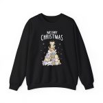 Front of the crewneck sweatshirt showing white, gray, cream and ginger kittens stacked into a Christmas tree, surrounded by paw prints beneath white lettering