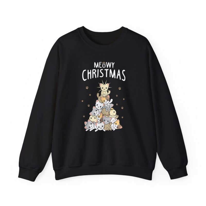 Front of the crewneck sweatshirt showing white, gray, cream and ginger kittens stacked into a Christmas tree, surrounded by paw prints beneath white lettering