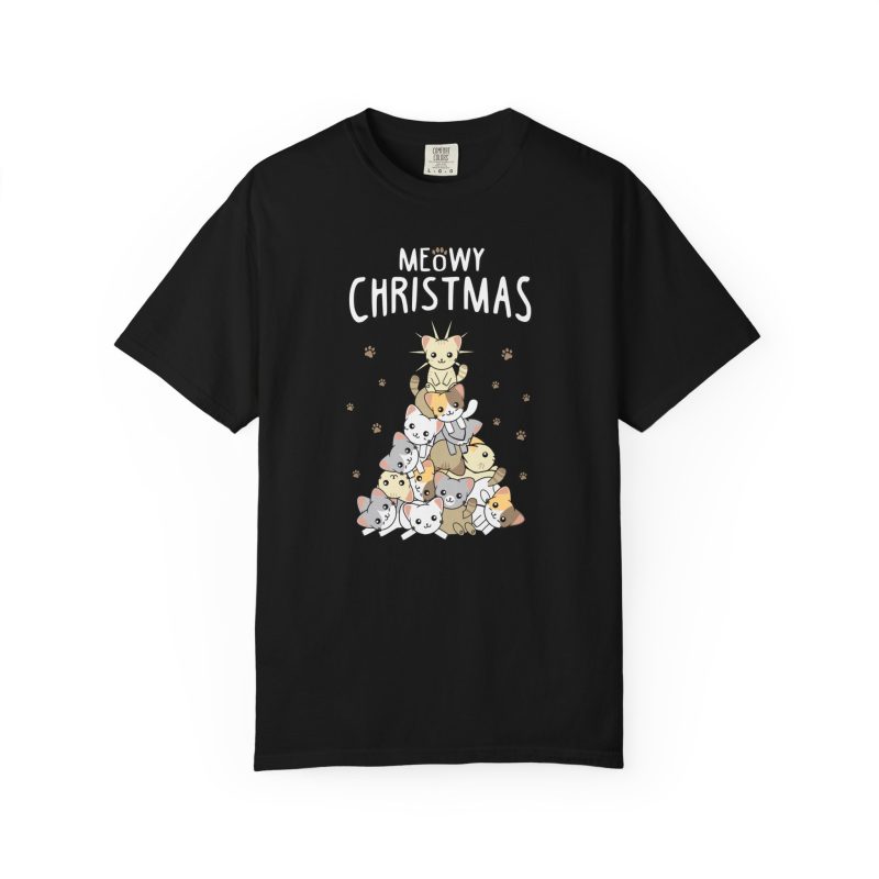 Front of the tee showing white, gray, cream and ginger kittens stacked into a Christmas tree, surrounded by paw prints beneath white lettering