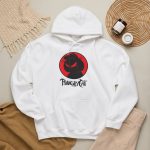 Smirking black cat silhouette with narrowed red eyes inside a red circle in the front print Smirking black cat silhouette with narrowed red eyes inside a red circle in the front print