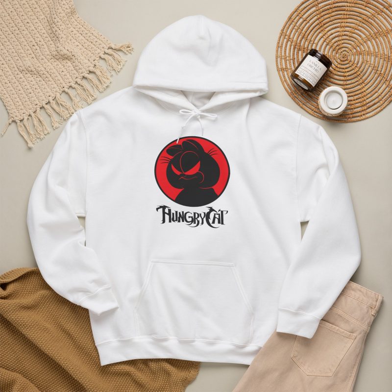Smirking black cat silhouette with narrowed red eyes inside a red circle in the front print