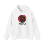 Front of the hoodie showing a sly black cat silhouette inside a red circle Front of the hoodie showing a sly black cat silhouette inside a red circle