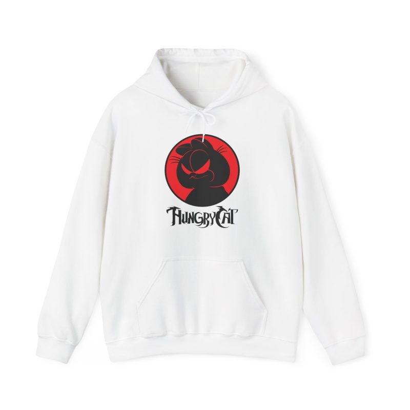 Front of the hoodie showing a sly black cat silhouette inside a red circle
