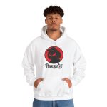 Person wearing a hoodie with a sly black cat silhouette inside a red circle printed on the front Person wearing a hoodie with a sly black cat silhouette inside a red circle printed on the front