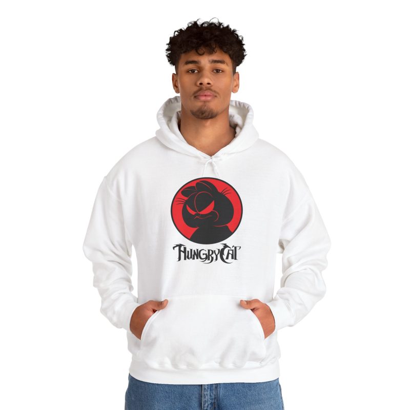 Person wearing a hoodie with a sly black cat silhouette inside a red circle printed on the front