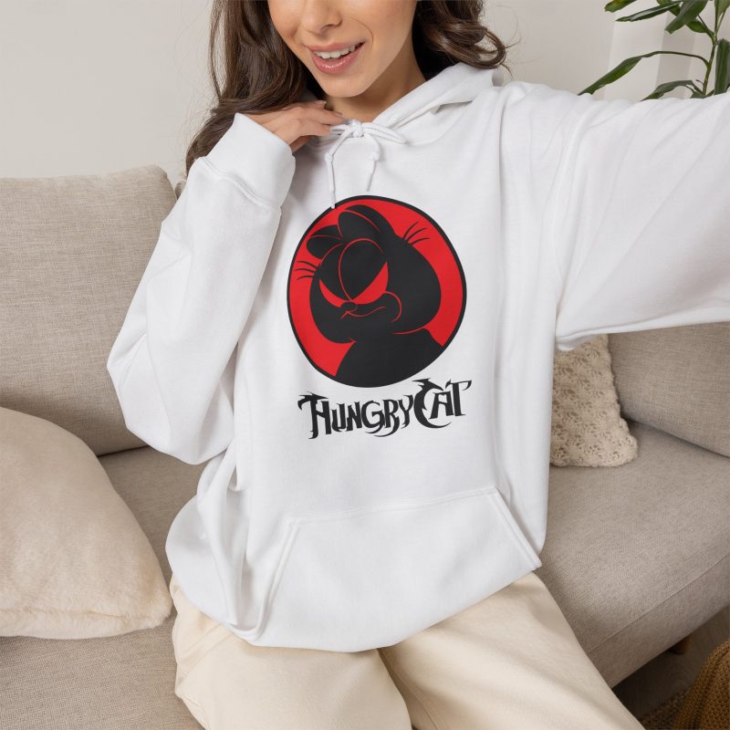 Person wearing a hoodie with a sly black cat silhouette inside a red circle printed on the front