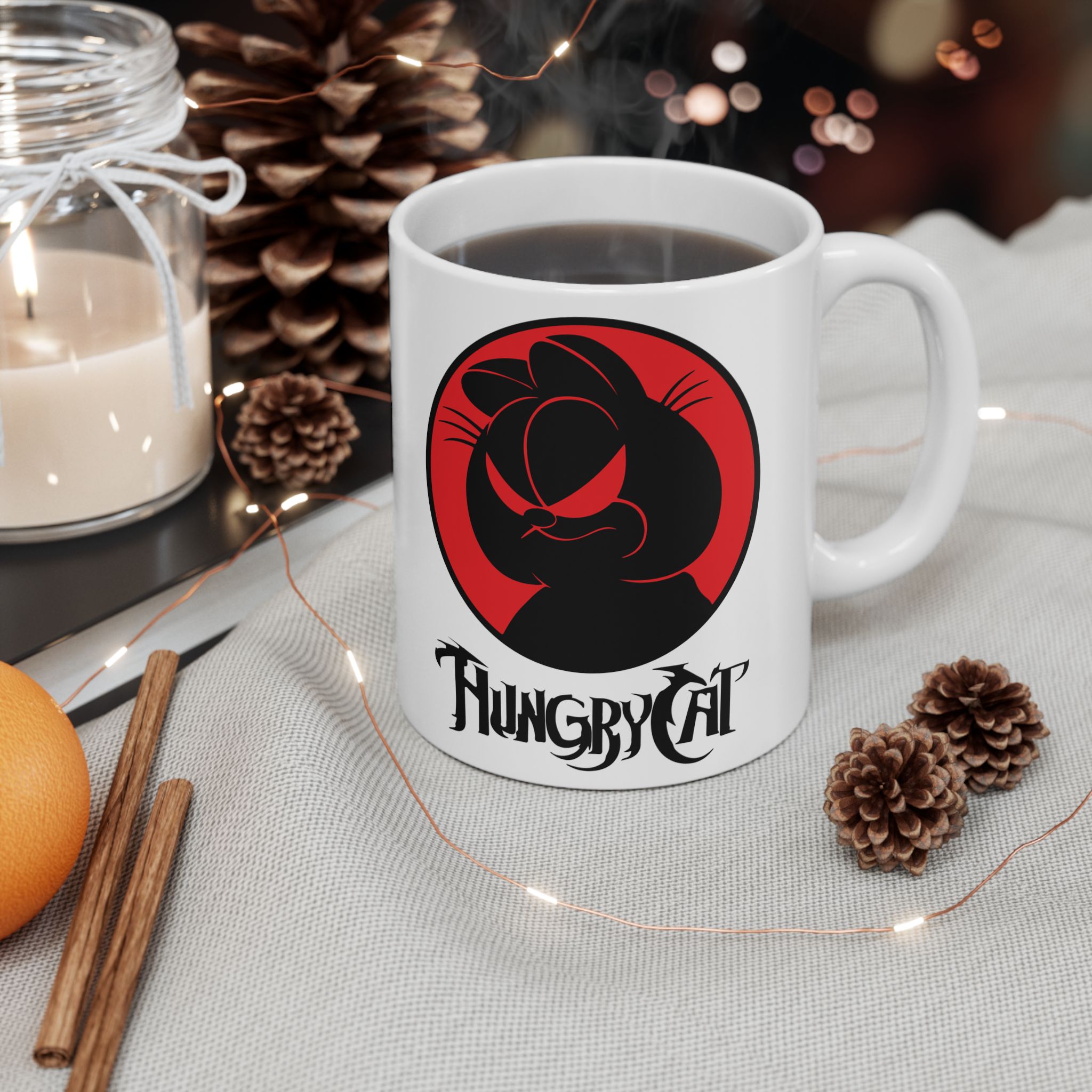 White ceramic mug showing a sly black cat silhouette inside a red circle