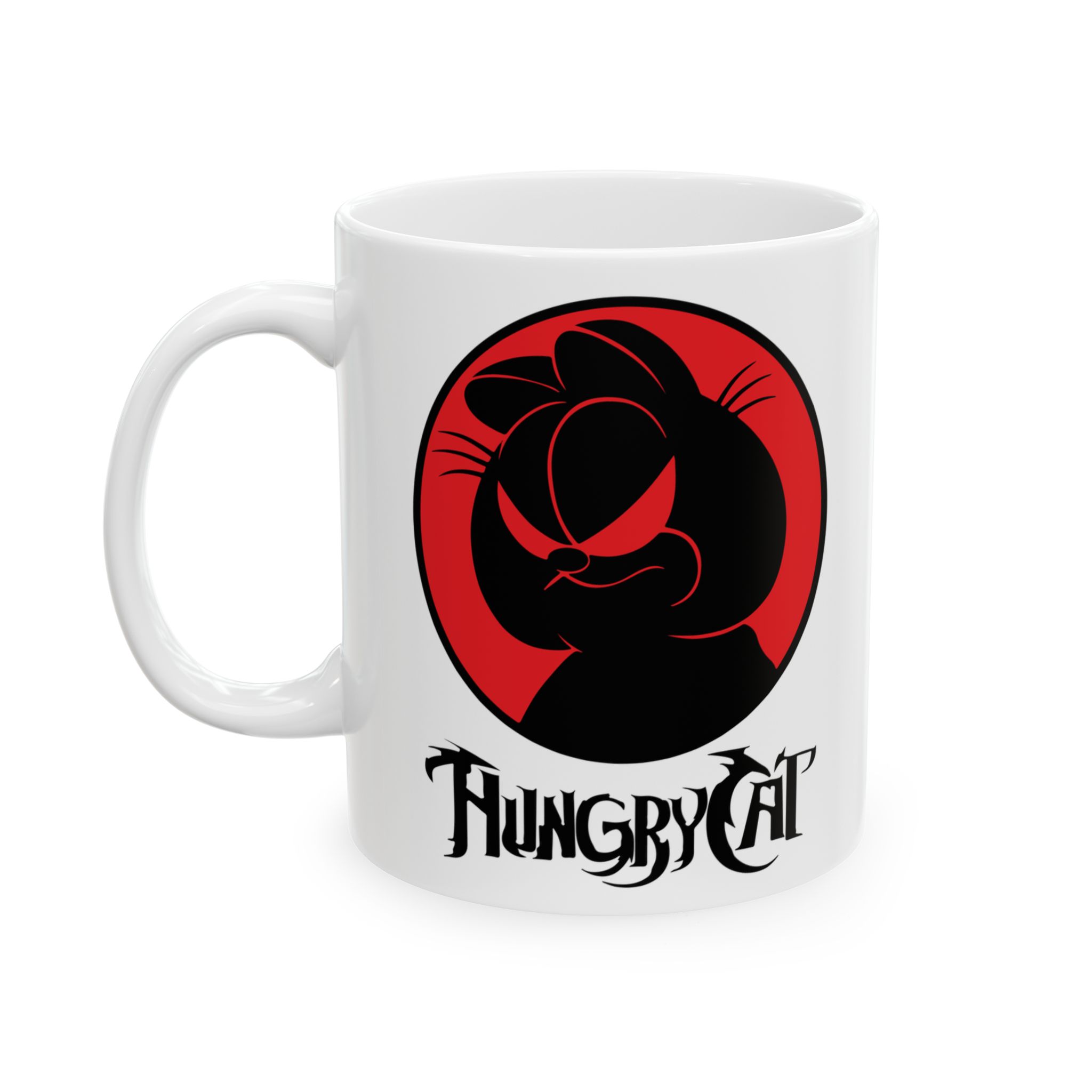 White ceramic mug showing a sly black cat silhouette inside a red circle