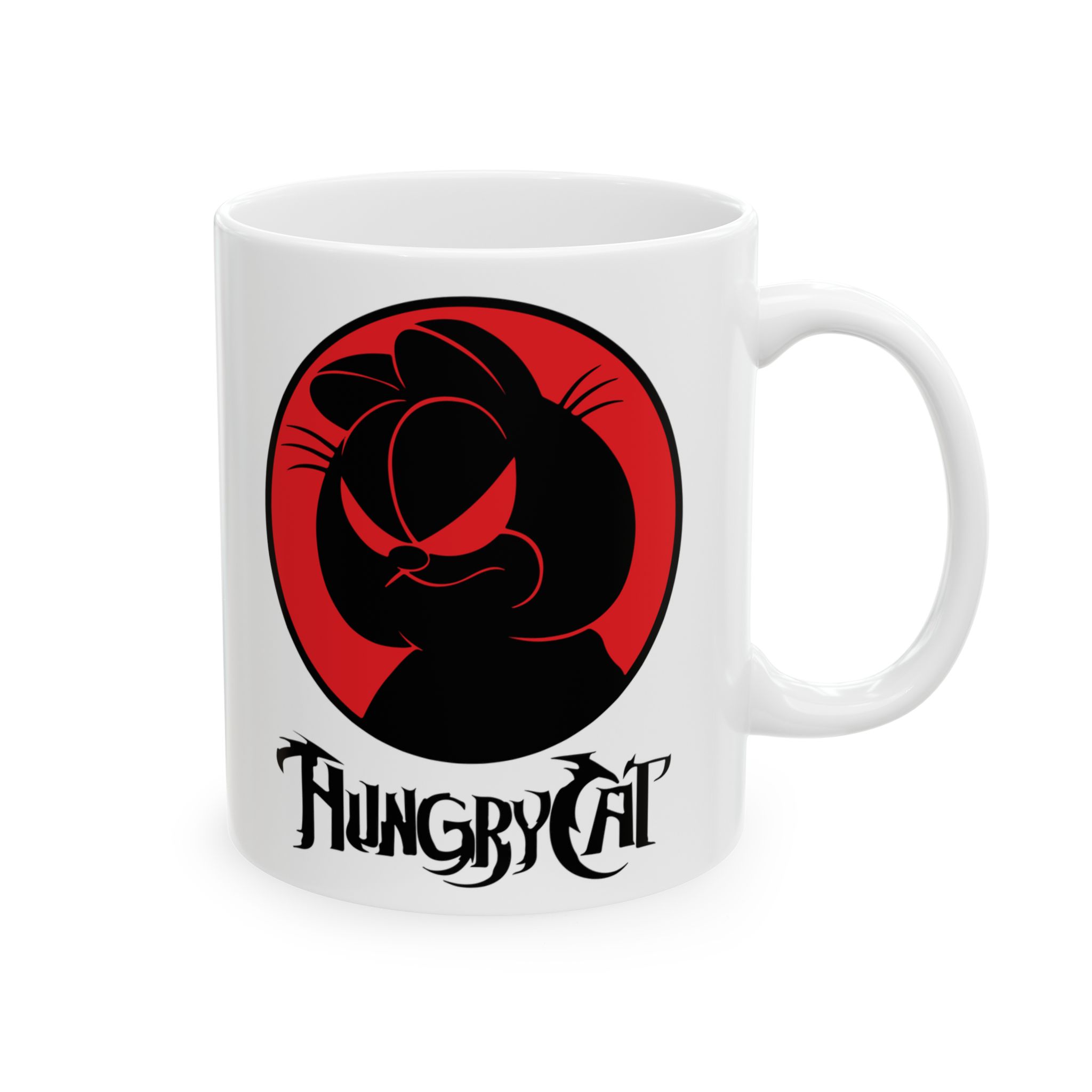 Opposite side of the white ceramic mug with the matching hungry cat design