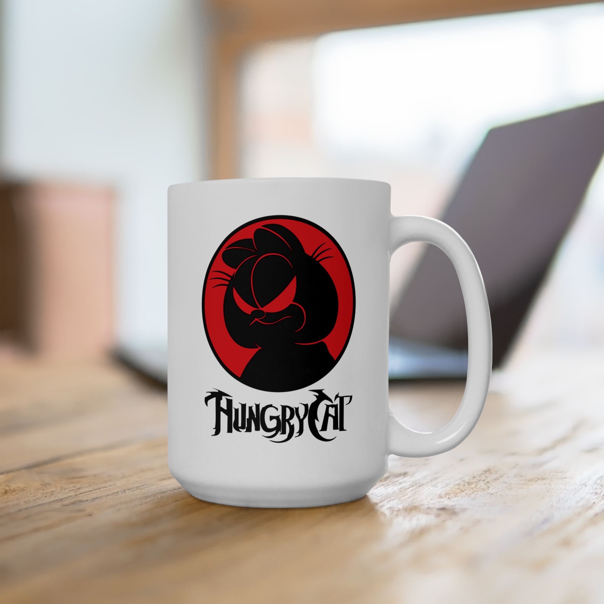 White ceramic mug showing a sly black cat silhouette inside a red circle