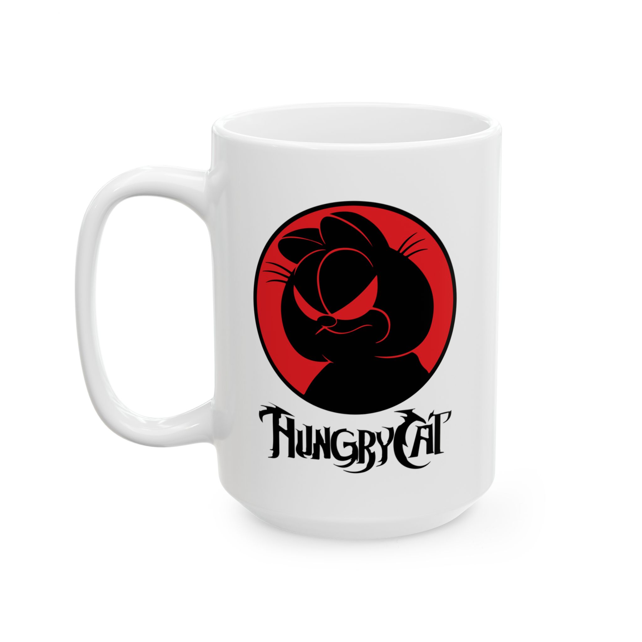 White ceramic mug showing a sly black cat silhouette inside a red circle