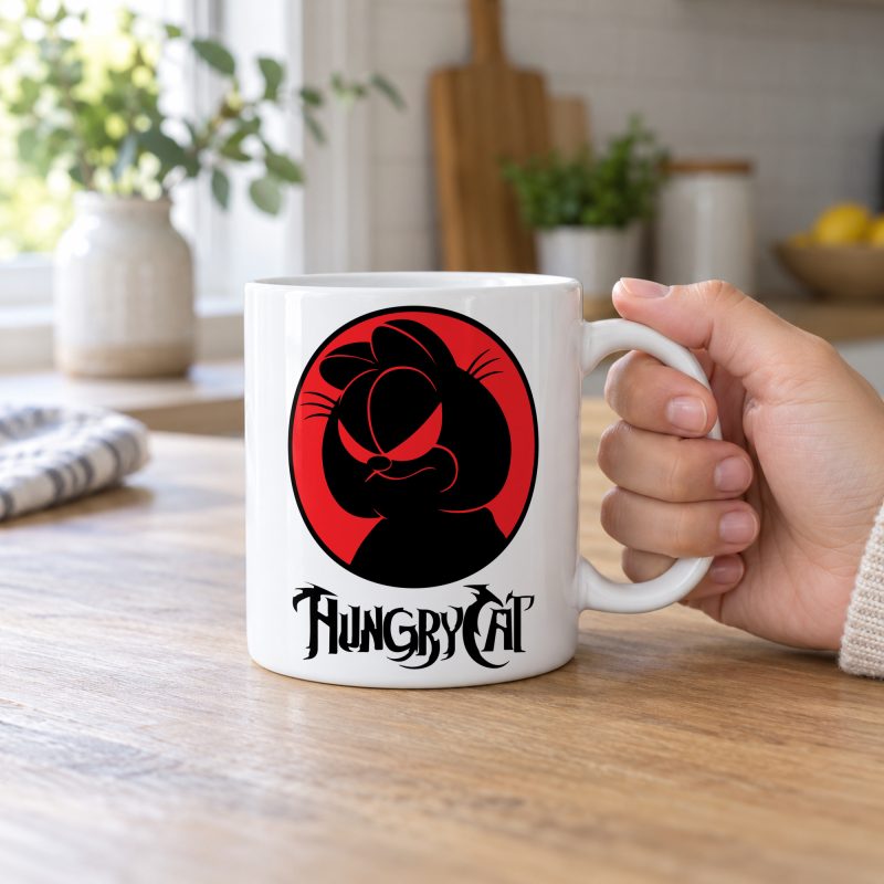Person holding a white ceramic mug with a sly black cat silhouette inside a red circle