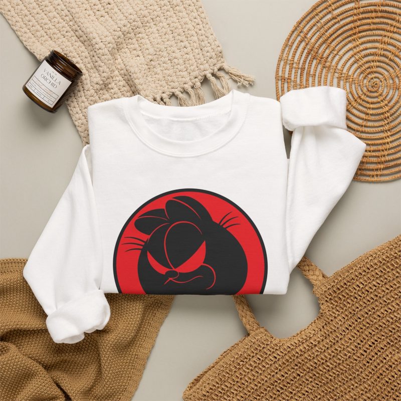 Smirking black cat silhouette with narrowed red eyes inside a red circle in the front print