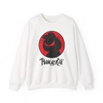 Front of the crewneck sweatshirt showing a sly black cat silhouette inside a red circle Front of the crewneck sweatshirt showing a sly black cat silhouette inside a red circle