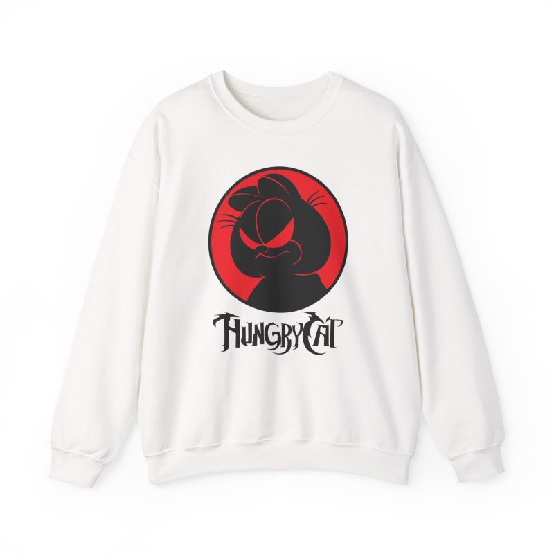 Front of the crewneck sweatshirt showing a sly black cat silhouette inside a red circle