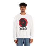 Person wearing a crewneck sweatshirt with a sly black cat silhouette inside a red circle printed on the front Person wearing a crewneck sweatshirt with a sly black cat silhouette inside a red circle printed on the front