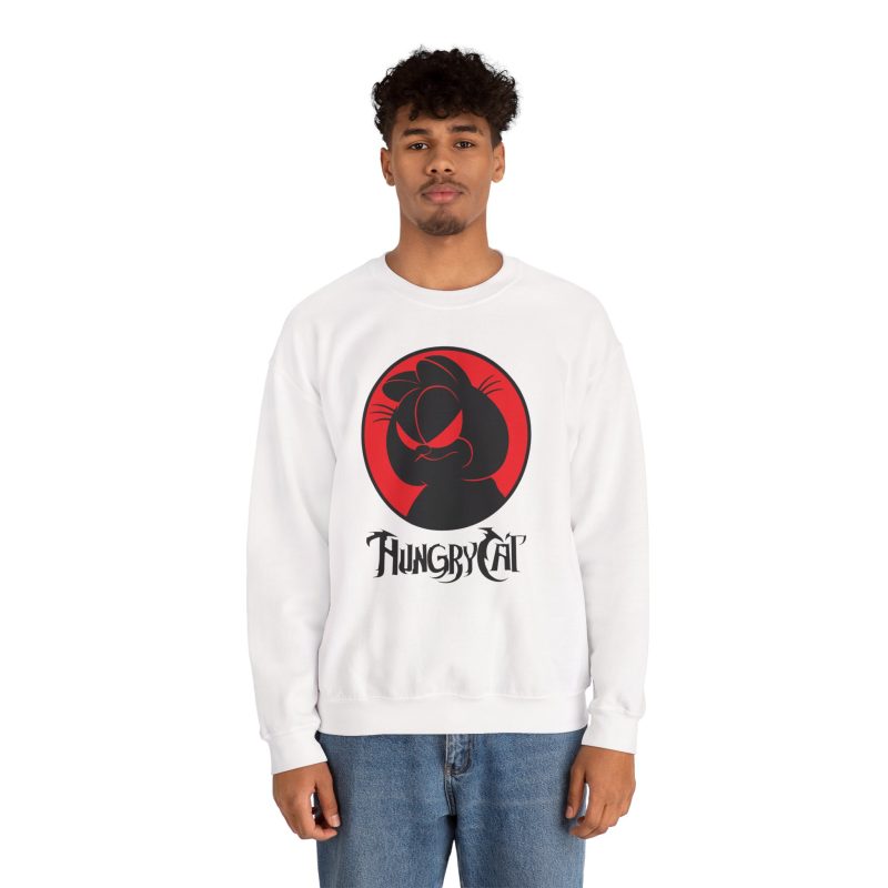 Person wearing a crewneck sweatshirt with a sly black cat silhouette inside a red circle printed on the front