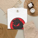 Smirking black cat silhouette with narrowed red eyes inside a red circle in the front print Smirking black cat silhouette with narrowed red eyes inside a red circle in the front print